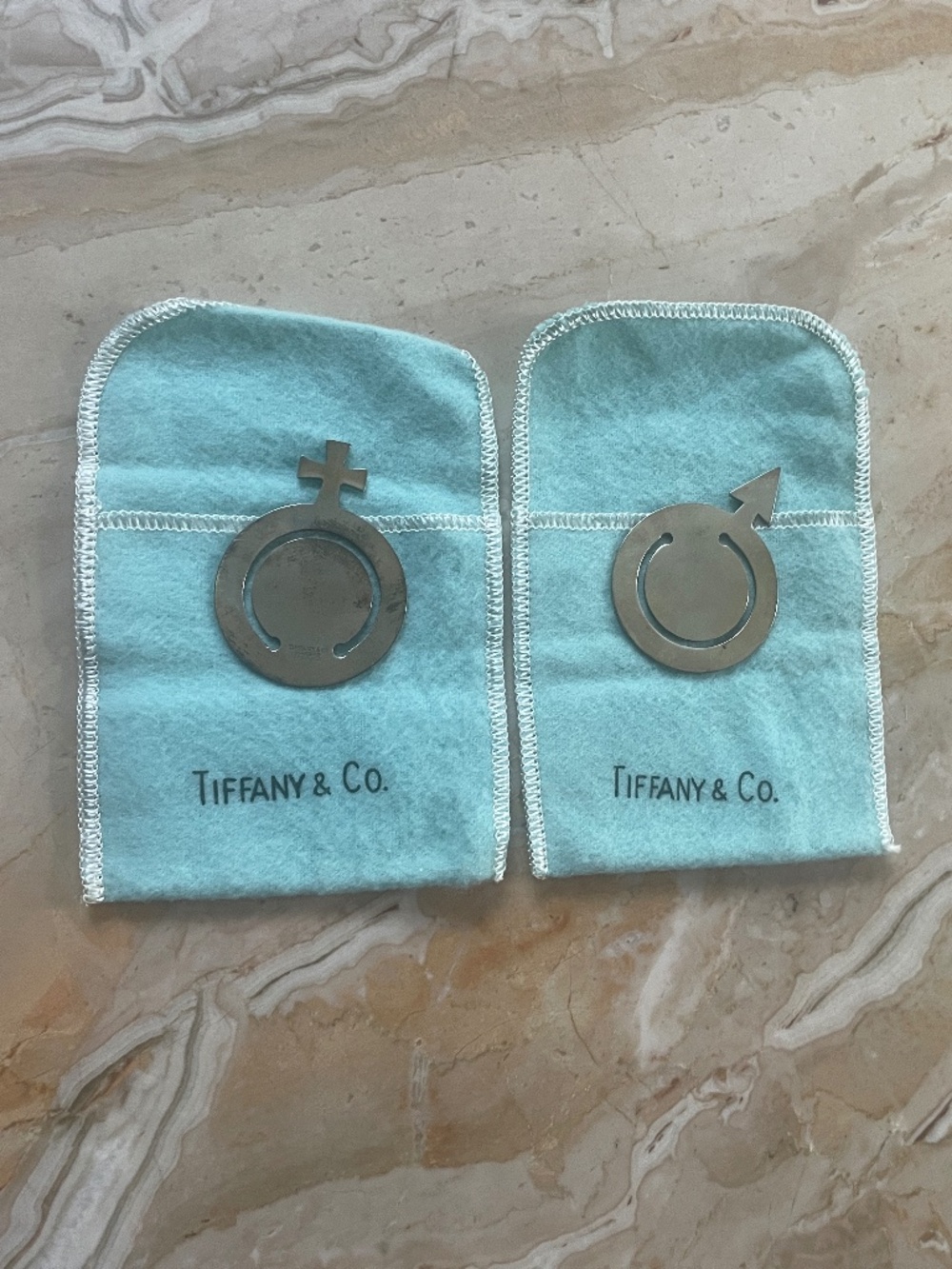 Vintage Tiffany Mars/Male and Venus/Female silver bookmarks in original pouches